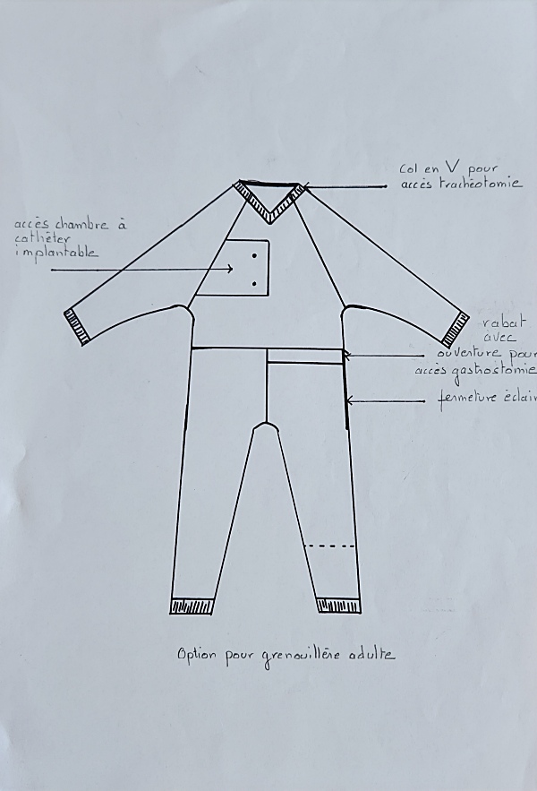 Grenouillère adaptée avec accès à la chambre à cathéter implantable, col en V pour trachéotomie, et ouverture sur la gauche pour gastrostomie.