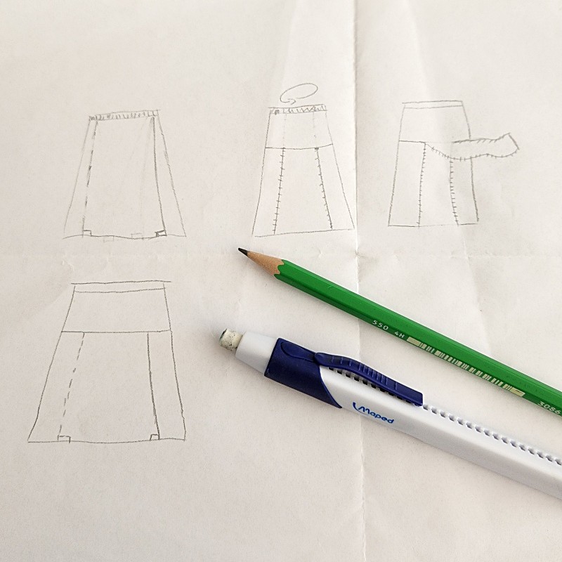 Croquis d’une jupe adaptée aux personnes ayant des difficultés de mobilité, facilitant l’autonomie aux toilettes.